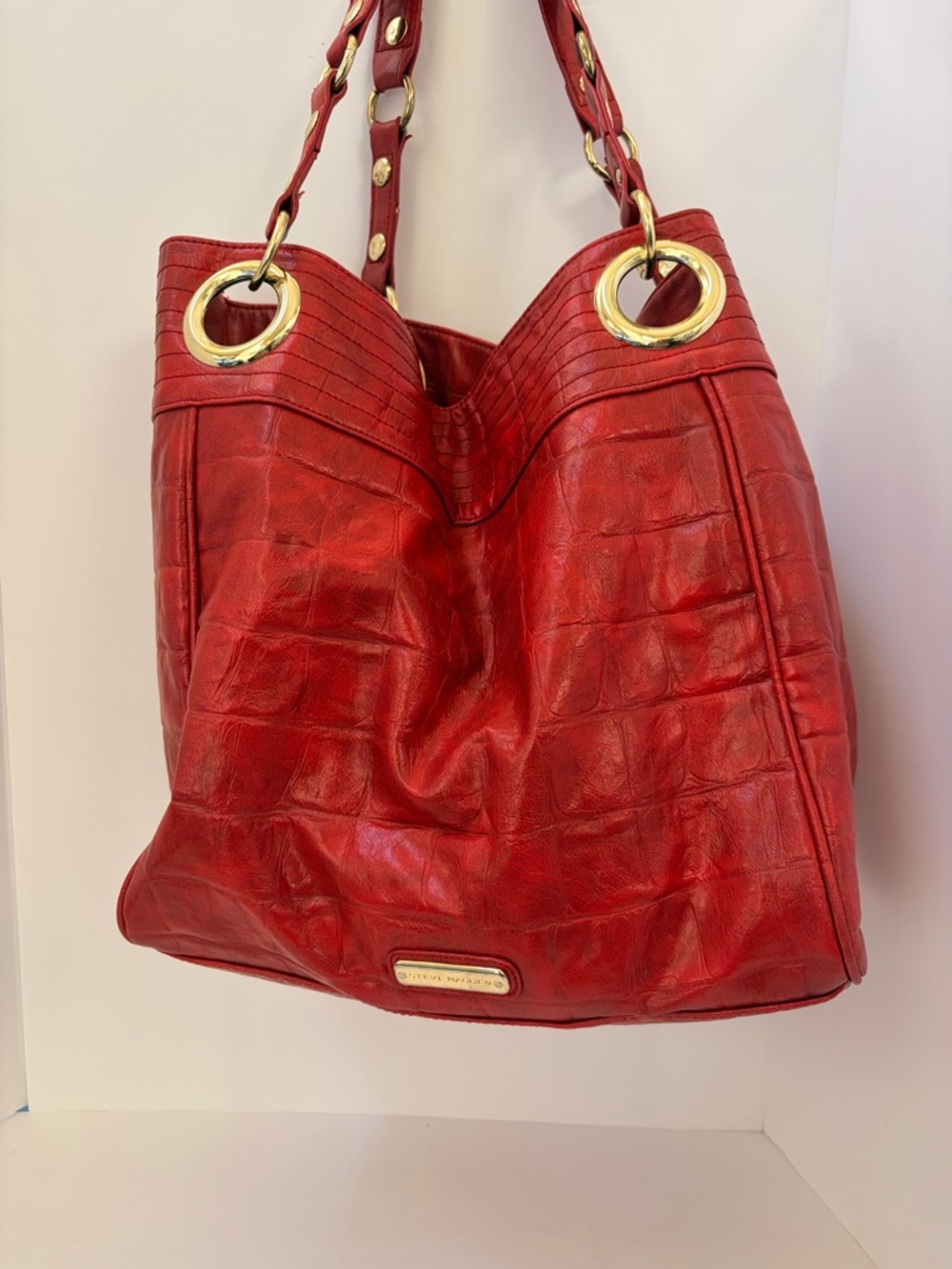 Steve Madden Red Croc-Textured Shoulder Tote with Gold Rings